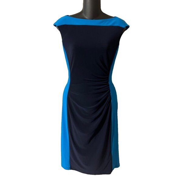Ralph Lauren Dress 2 XS Blue Panel Stretch Sheath Washable Career Church NEW - Picture 1 of 6